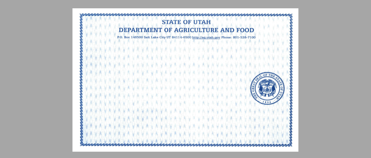 UDAF license states State of Utah Department of Agriculture and Food with a blue border and a blue seal on the right