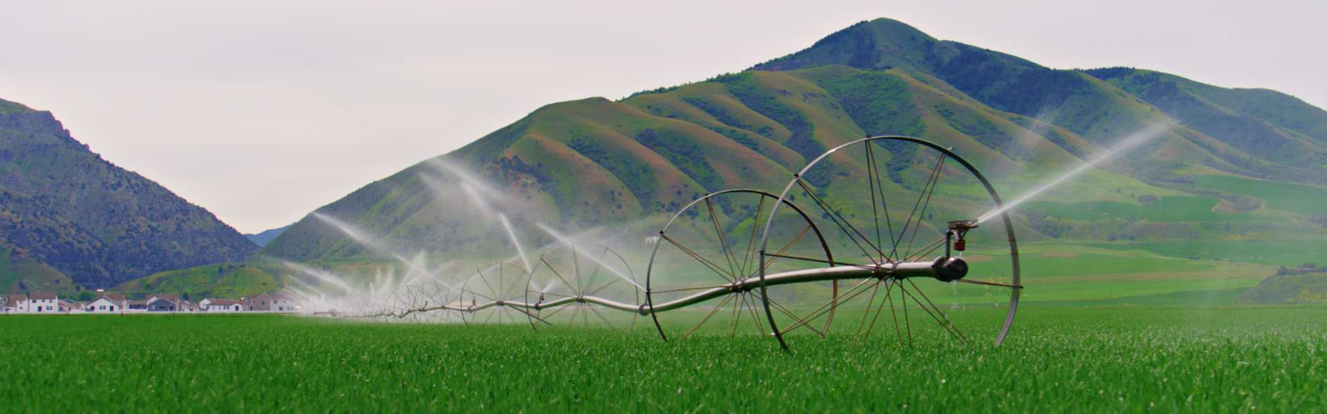 an agricultural rolling sprinkler system on a very green field with a green hilly town in the background