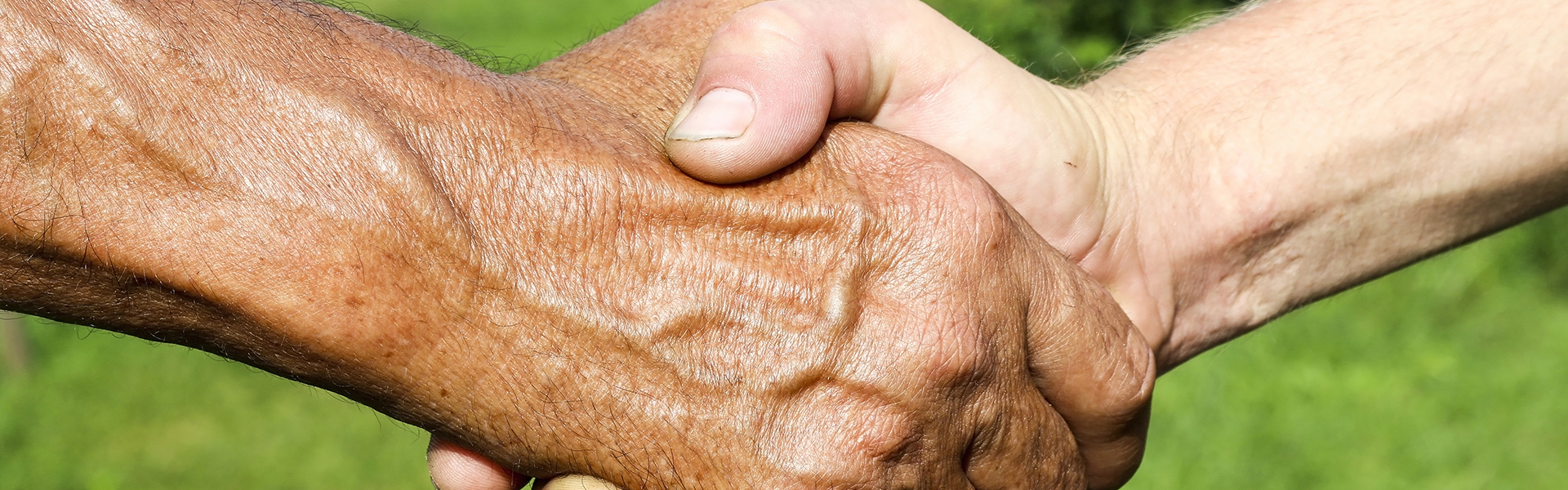 two people shaking hands with a green background