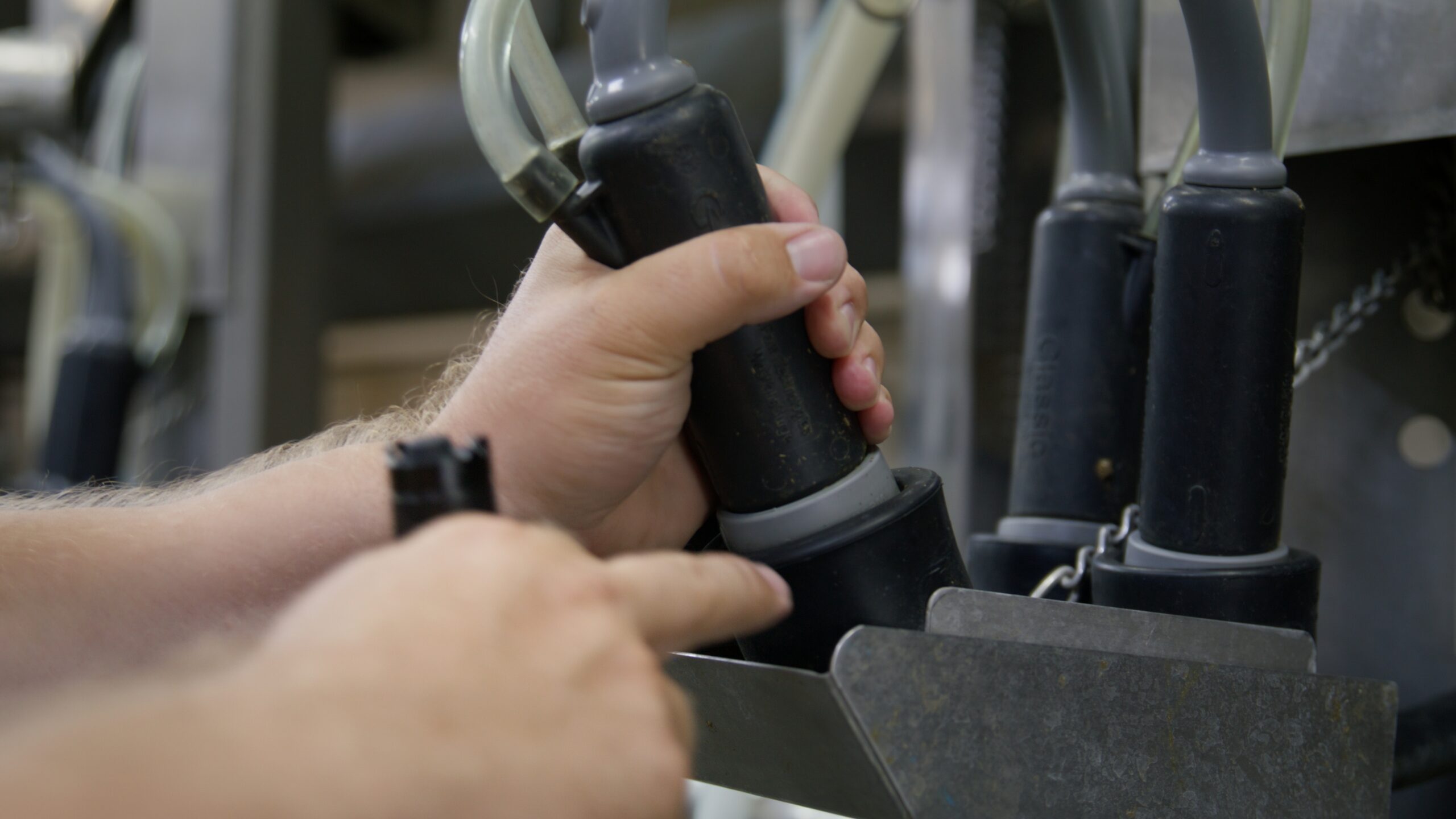 a hand grabbing a black tube connected to a transparent hose