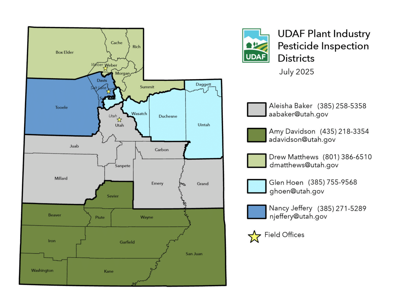 a map of utah with UDAF Plant Industry Pesticide Inspection Districts separated by color listing the contact information for each district